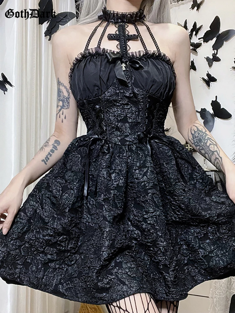 InsGoth Gothic Clothes Punk Halloween Lace Dress Goth Vintage Lolita  Sleeveless Velvet Dresses with Wings Fairy Grunge Clothes