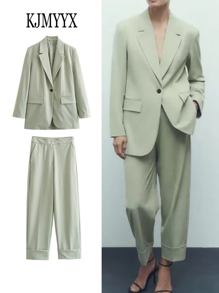 

KJMYYX Pants Set Women Fashion Long Sleeve Blazer Autumn Casual Single Breasted Jacket Coats High Waist Casual Trousers