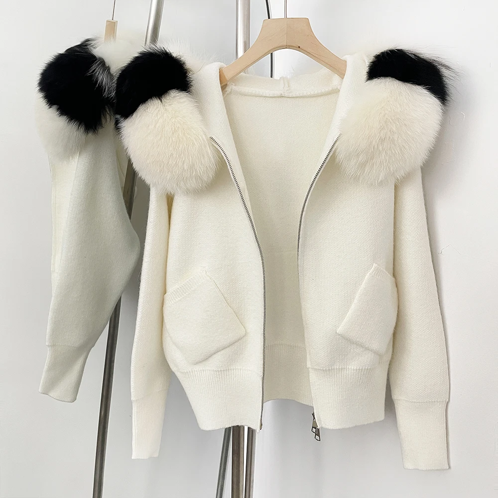 OFTBUY سترة موضة الخريف الشتاء الملابس الإناث معطف الفرو الطبيعي المرأة مقنعين كبير ريال فوكس الفراء طوق قصيرة محبوك سترة