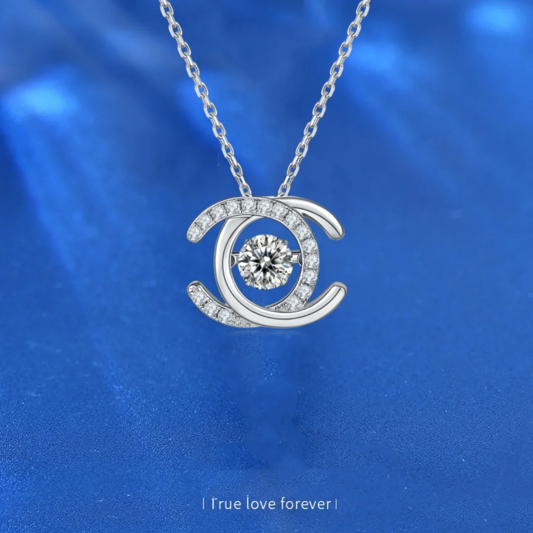 KNRIQUEN Double C Moissanite Pendant Necklace D Color 925 Sterling Silver 18K White Gold Plated Whit GRA Certificate