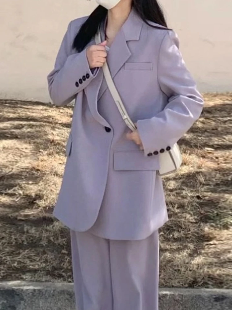 Fashion New Women Vintage Purple Blazer 2 Pieces Set Casual Elegant Solid Suit Jackets Wide-Leg Pants Outfits Female Pantsuits