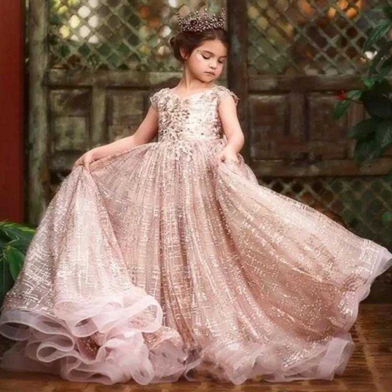 

Gown Rose Gold Sequined Lace Beautiful Girls Pageant Dresses Lace Appliques Sequins Short Sleeves For Birthday First Communion