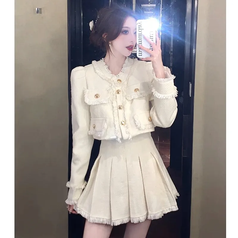 Elegant Tweed Suit 2-piece Skirt Set Autumn Winter New French Style Cropped Jacket Coat Mini Skirt Korean Fashion Female Outfits