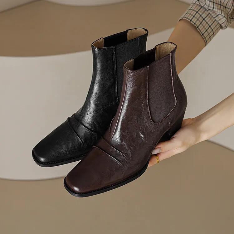 

Шикарные дизайнерские женские Ботильоны винтажные плиссированные коричневые короткие ботинки челси с резинкой на высоком квадратном каблуке осенние женские ботинки