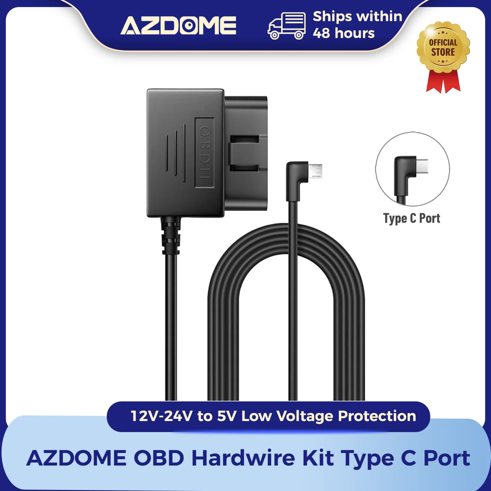 AZDOME Hardwire Kit OBD für Dashcam mit Typ-C-Anschluss, unterstützt Parkmodus 12 V-24 V auf 5 V Stromkabel, Niederspannungsschutz