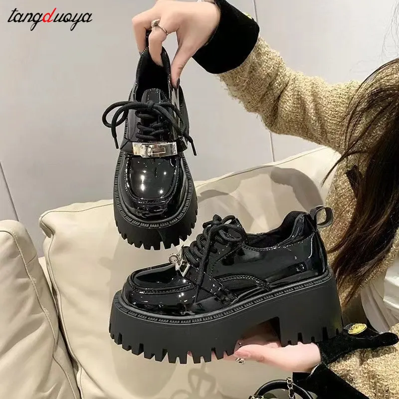 Women Shoes Leather Lace Up Oxford Shoes Thick Bottom High