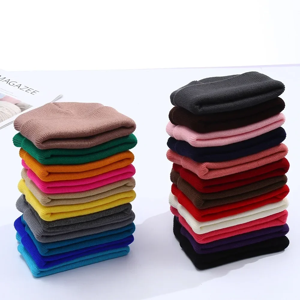 0-3Y Newborn Warm Crochet Hat Winter Knitted Beanie for Baby Knit Gorros Acrylic Wool Hat Candy Color Fold Brim Skullcap Ski Hat 2