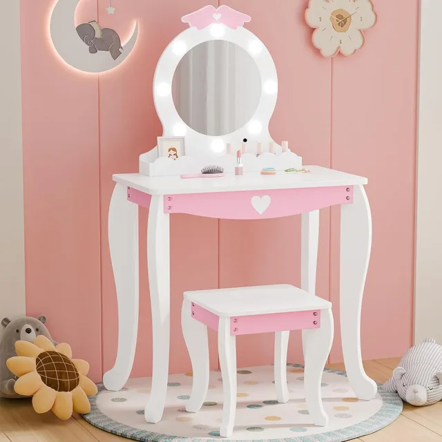 19747-f0b588.jpg MU Kids White Vanity Set w/ Lighted Mirror & Stool,Makeup Desk, Storage,Wing Pattern – Toddler Princess Dressing Table for Girls