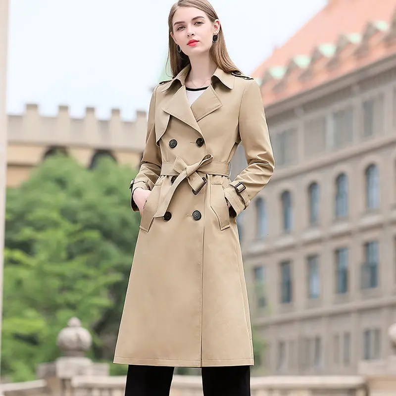 

British Style Khaki Autumn Long Trench Coat for Women Fashion Double Breasted Waterproof Jacket Female Elegant Windbreaker Coat
