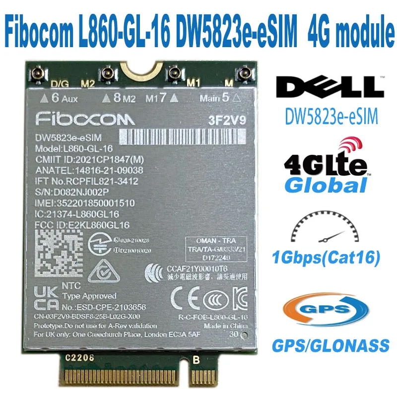 Used LTE cat 16 L860-GL-16 DW5823e e-SIM 4G modem 1Gbps M.2 NGFF WWAN card LTE network DW5823 L860 eSIM Module 5440 5540 7440