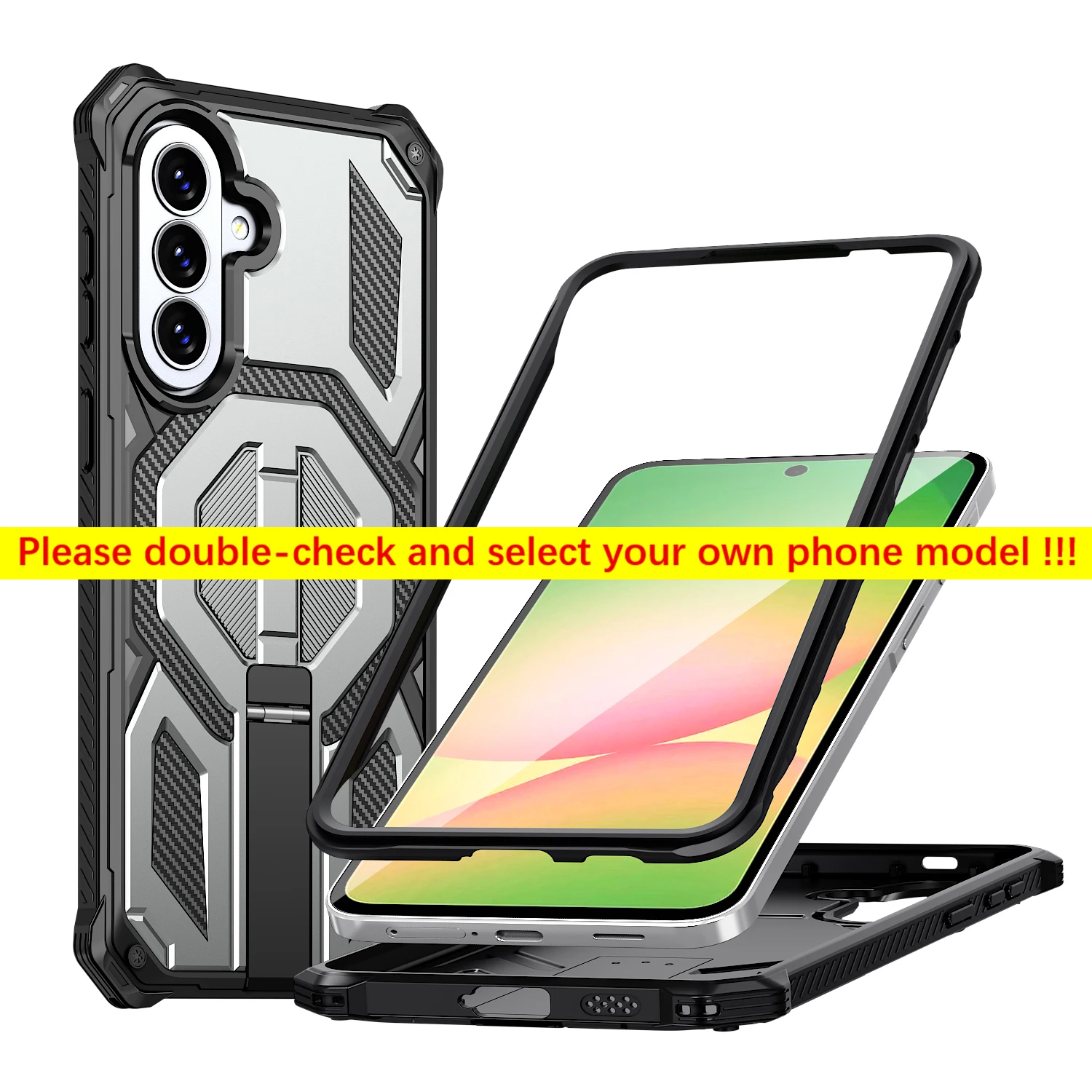 Rugged Armor Phone Case with Magnetic Stand and Rotating Cover