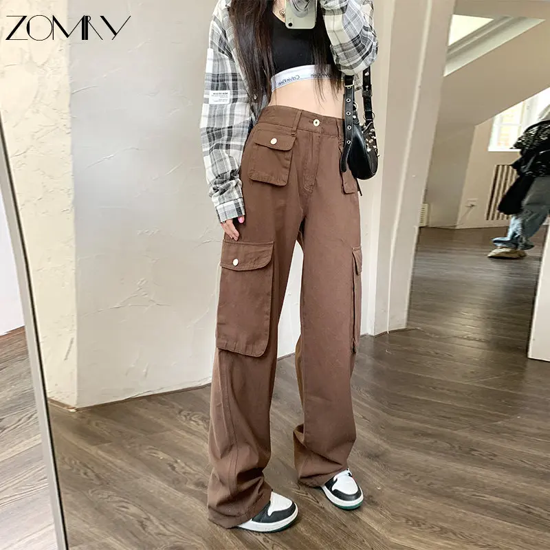

ZOMRY Casual Retro American Style Loose Wide Leg Overalls 2023 Spring High Waist Street Multi Pocket Trousers Women Jogging Y2K