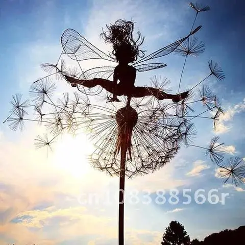 

Fairies and Dandelions Dance Together in Garden Statue Metal Sculptures Lawn Landscape Art Decor Home Decoration