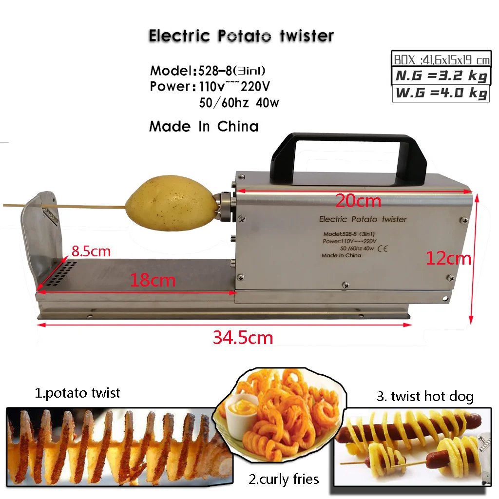 110V 220V 40W 528-8 3IN1 Electric Multifunctional Potato Tower Machine Cutting Machine Potato Twist Curly Fries Twist Hot Dog