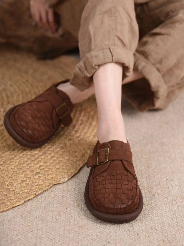 

Artmu Genuine Leather Weave Flats Shoes For Women Shoes Buckle Loafers Ladies Platform Shoes Deep Mouth Single Big Head Shoes