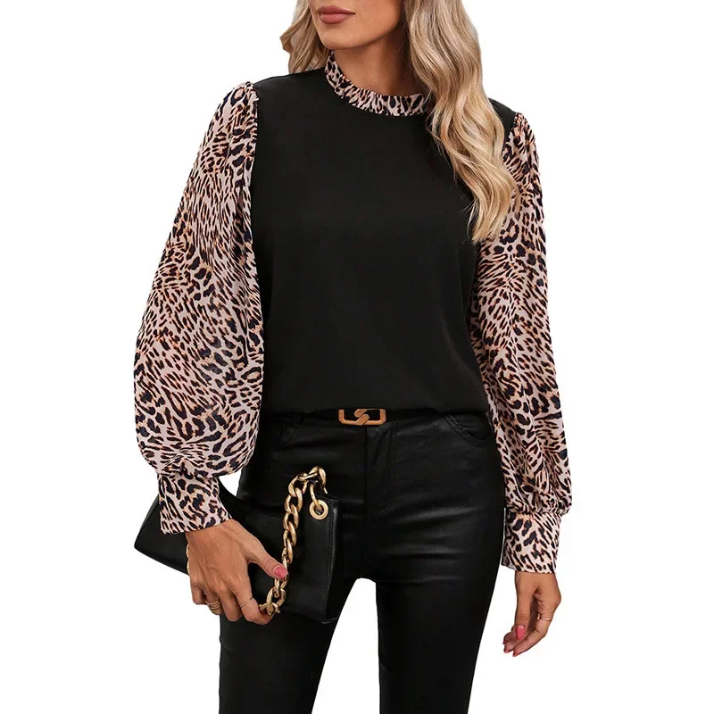 2024 New Women's Leopard Lantern Sleeve Pullovers Shirts Fashion Spring Autumn Office Lady O Neck Tops Patchworn Tees NASY0011