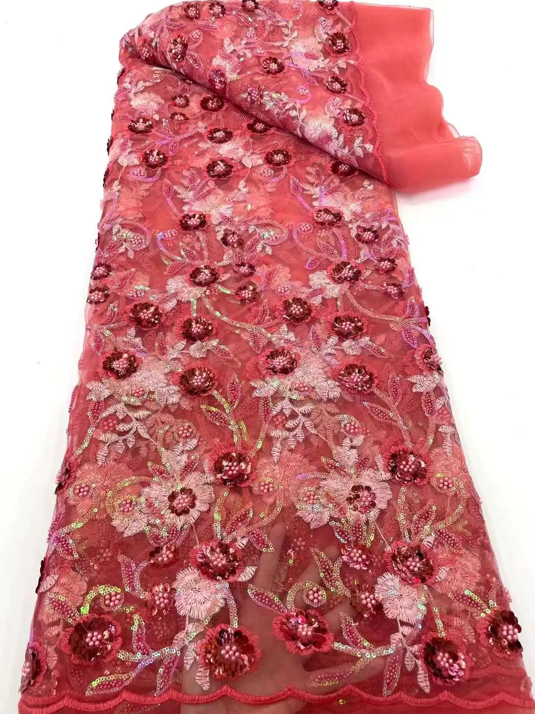 

2023 3D Sequined African Fabric With Beads Embroidery French Mesh Yarn Lace For Evening Dresses weddings Party 5Yards