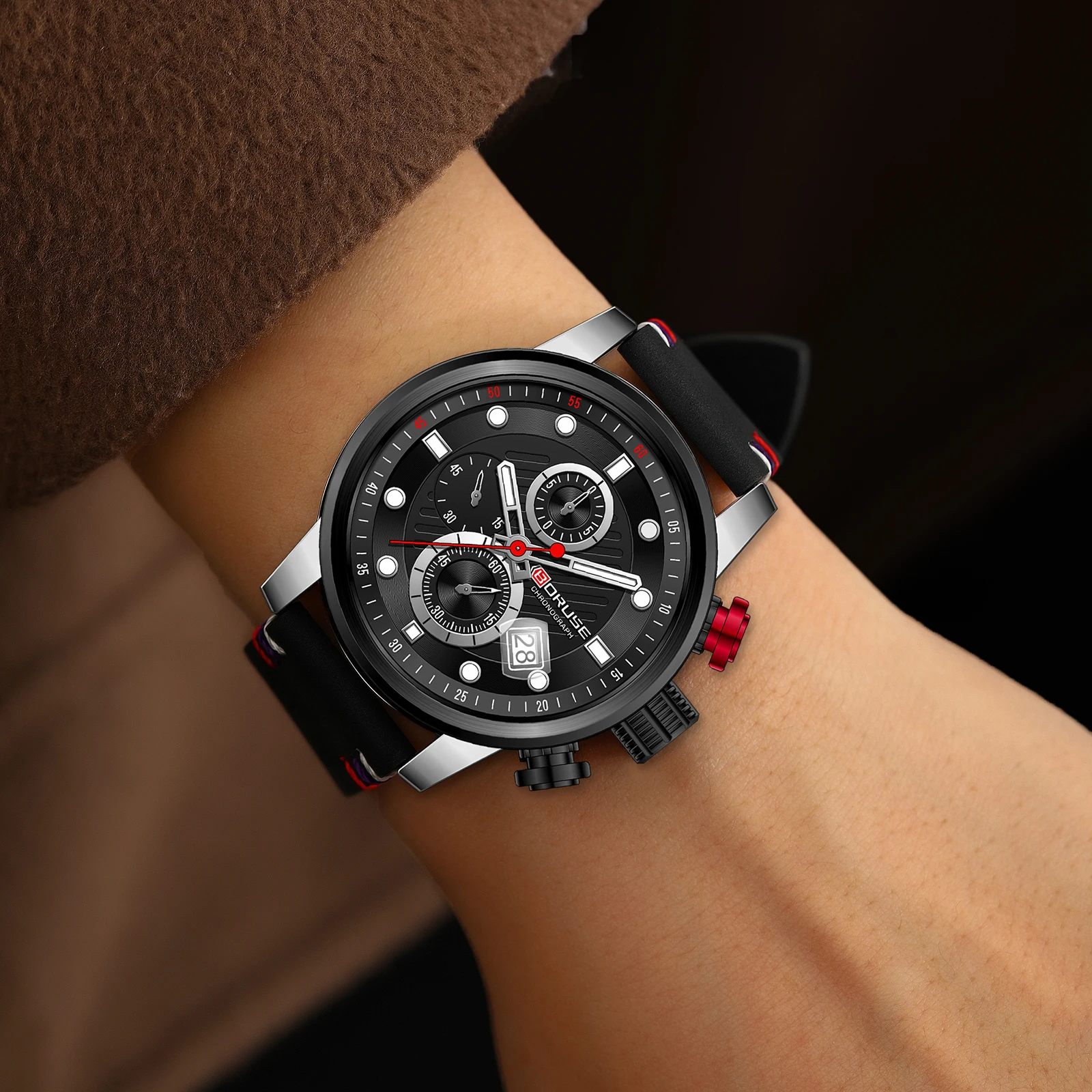 BORUSE Men Casual Sport Military Quartz Calendar Wrist Watch for Man Business Leather Waterproof Male Clock Luminous Clock