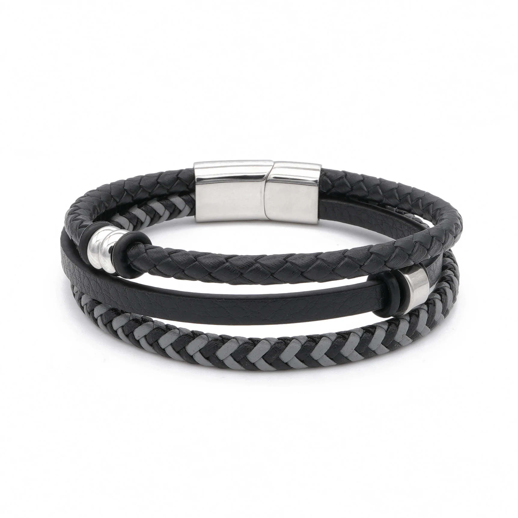 

Desiroman Men's Fashion Leather Bracelet Multi-Layered Braided Rope Stainless Steel Bracelet Men's Jewelry Gift