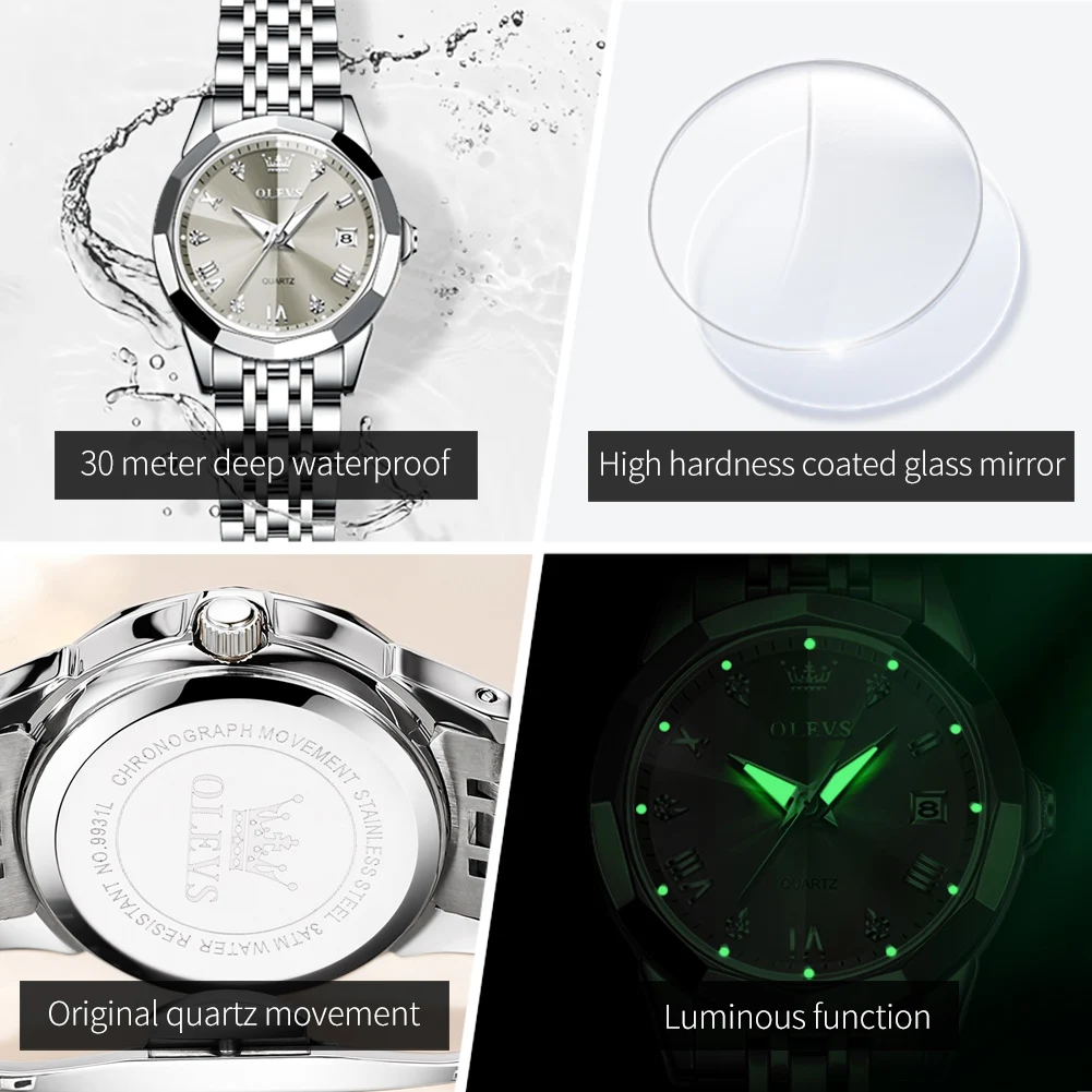 OLEVS Elegant Fashion Women's Watches Luxury Brand Original Quartz Watch for Ladies Waterproof Stainless Steel Luminous Date 5