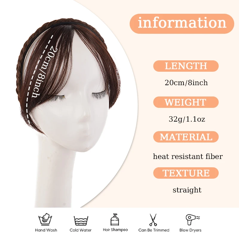 Synthetic Braided Headband with Hair Bangs Wig Brown Side-swept bangs with Handmade Braided Hairband Hairpiece for Women Use