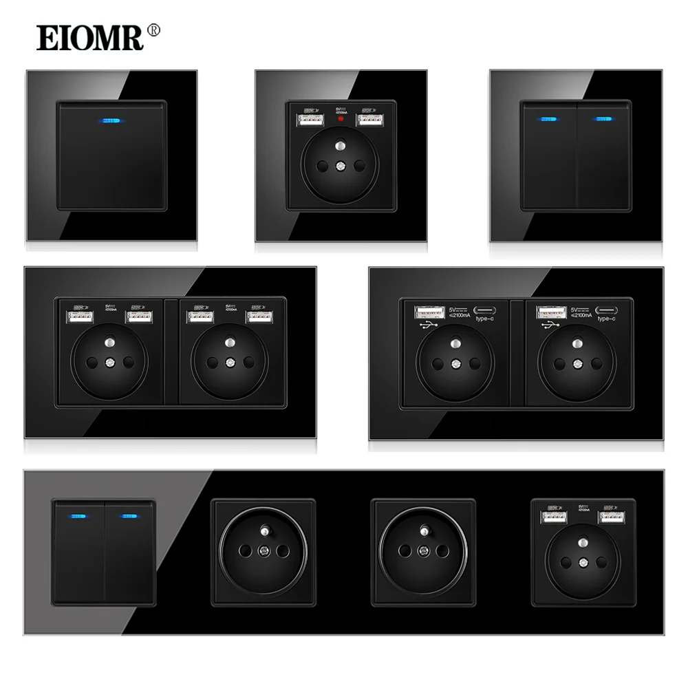 Eiomr-tomadas Elétricas de Parede Painel de Vidro Cristal Solteiro Duplo Triplo Tomada de Potência Padrão Francês Preto ac 110250v 16a