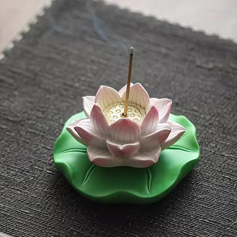 Creative Resin Lotus Flower Fragrance Base Ornament, Home Indoor Zen Tea Ceremony Chinese Style Small Incense Burner Holder, 1Pc