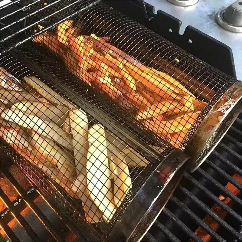Bbq basket BBQ Grill Basket Rolling Grilling Basket Barbecue Cages Barbecue Grill Grate Cylinder Grilling Baskets for Outdoor Camping