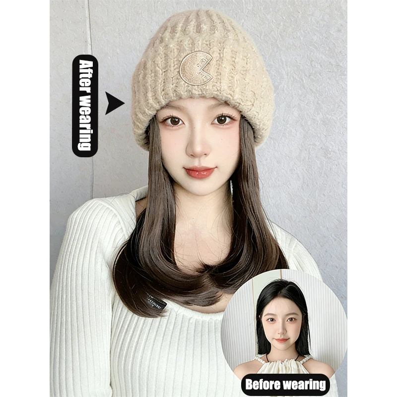 Hat wig one-piece women's collarbone hair simulation hair full head cover fashionable knitted wig hat