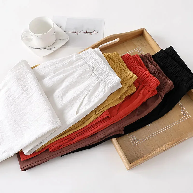 Women's Harem Pants Summer Cotton Linen Capri Pants Breathable Ankle-length Trousers Casual Retro Loose Mom Pant Solid Pockets