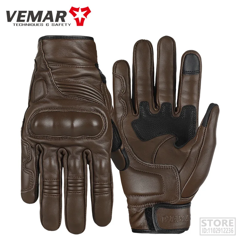 

VEMAR Retro Cowhide &Goatskin Leather Motorcycle Gloves Vintage Full Finger Shell Protective Men Sport Touch Screen Yellow Pink