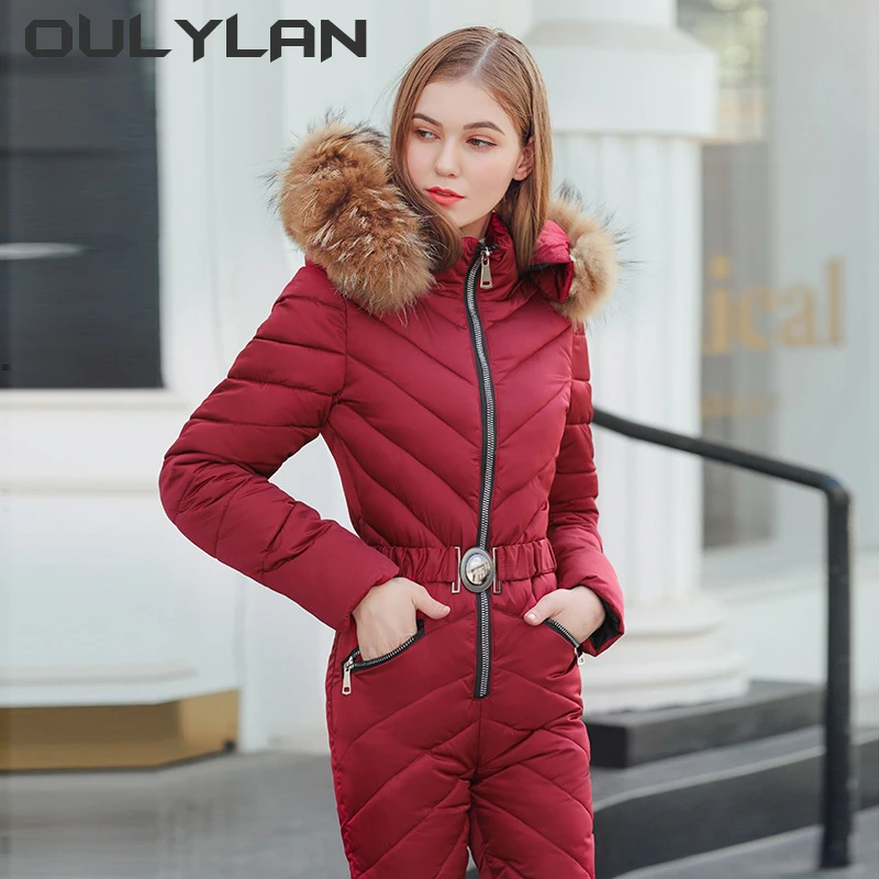 

New Fashion New Winter Women's Hooded Jumpsuits Parka Cotton Padded Warm Sashes Ski Suit Zipper One Piece Casual Tracksuits