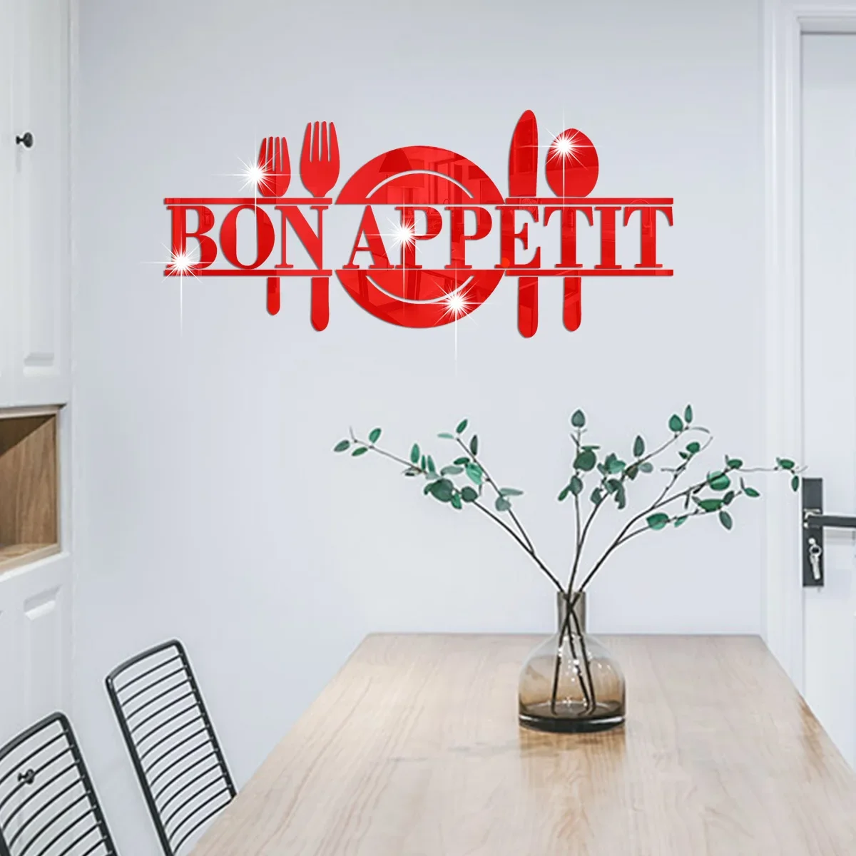 BON APPETIT Letter Plate Mirror Stickers 3D Acrylic Art Knife And Fork Kitchen Wall Stickers DIY Tea Room Home Decoration