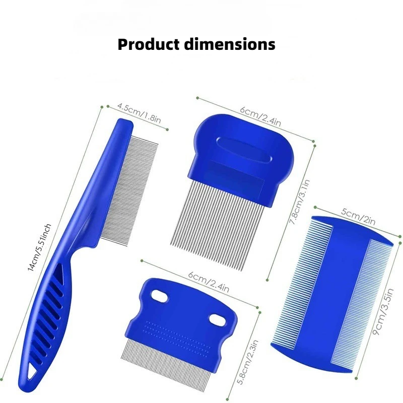 A product specification diagram showing four different styles of blue pet combs with their measurements in centimeters and inches. The long-handled comb is 14cm (5.51in), the large rectangular comb is 7.8cm (3.1in), the small rectangular comb is 5.8cm (2.3in), and a double-sided comb is 9cm (3.5in).