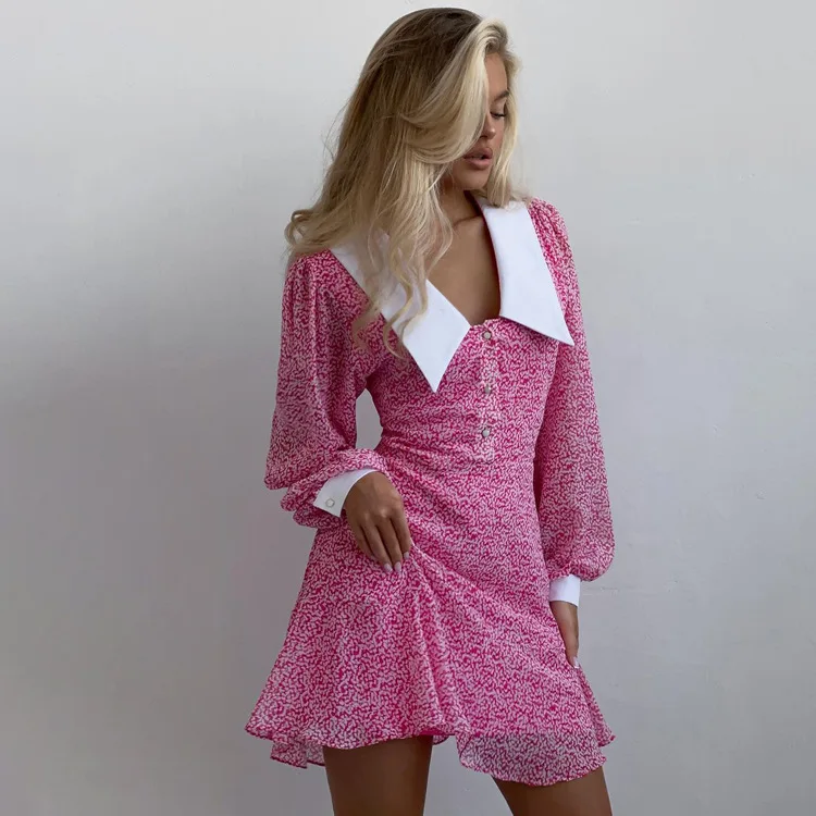 

2023 Fashion Slim Print Women Dress Elegant Lapel Long Sleeve Office Mini Dresses Bodycon Classic Patchwork Female Dress
