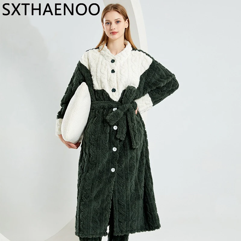 sxthaenoo-winter-ladies-home-clothers-black-and-white-two-color-splicing-warm-arctic-fleece-pajamas-high-quality-thick-bath-robe