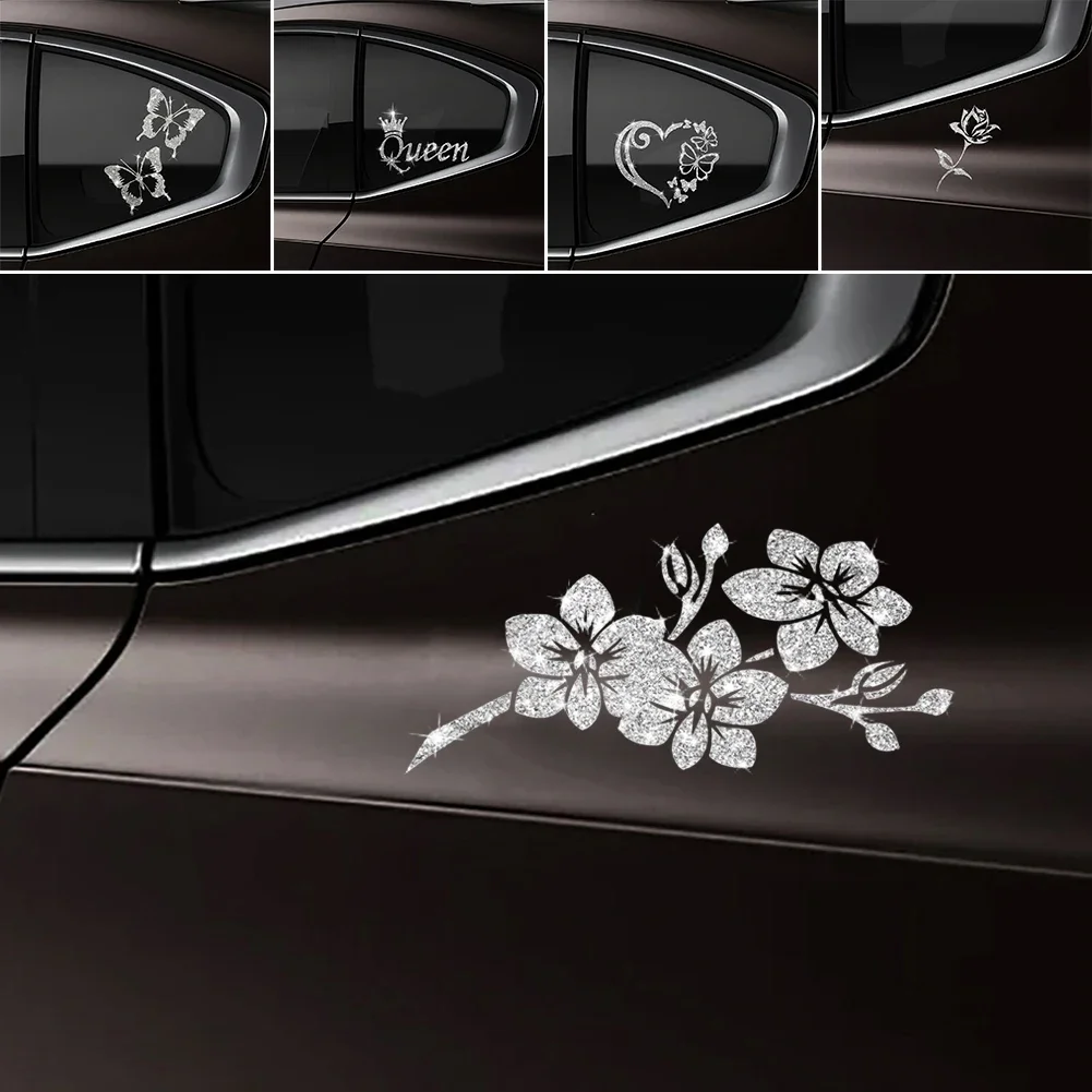 Sparkling Crown Butterfly and Rose Car Decal – Reflective PVC Sticker