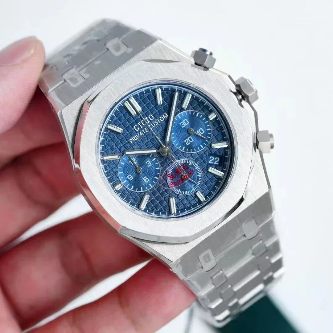 

Luxury New Mens Quartz Chronograph Watch Stainless Steel Bracelet Sport for OAks Black Blue Grey Dial Sapphire Glass