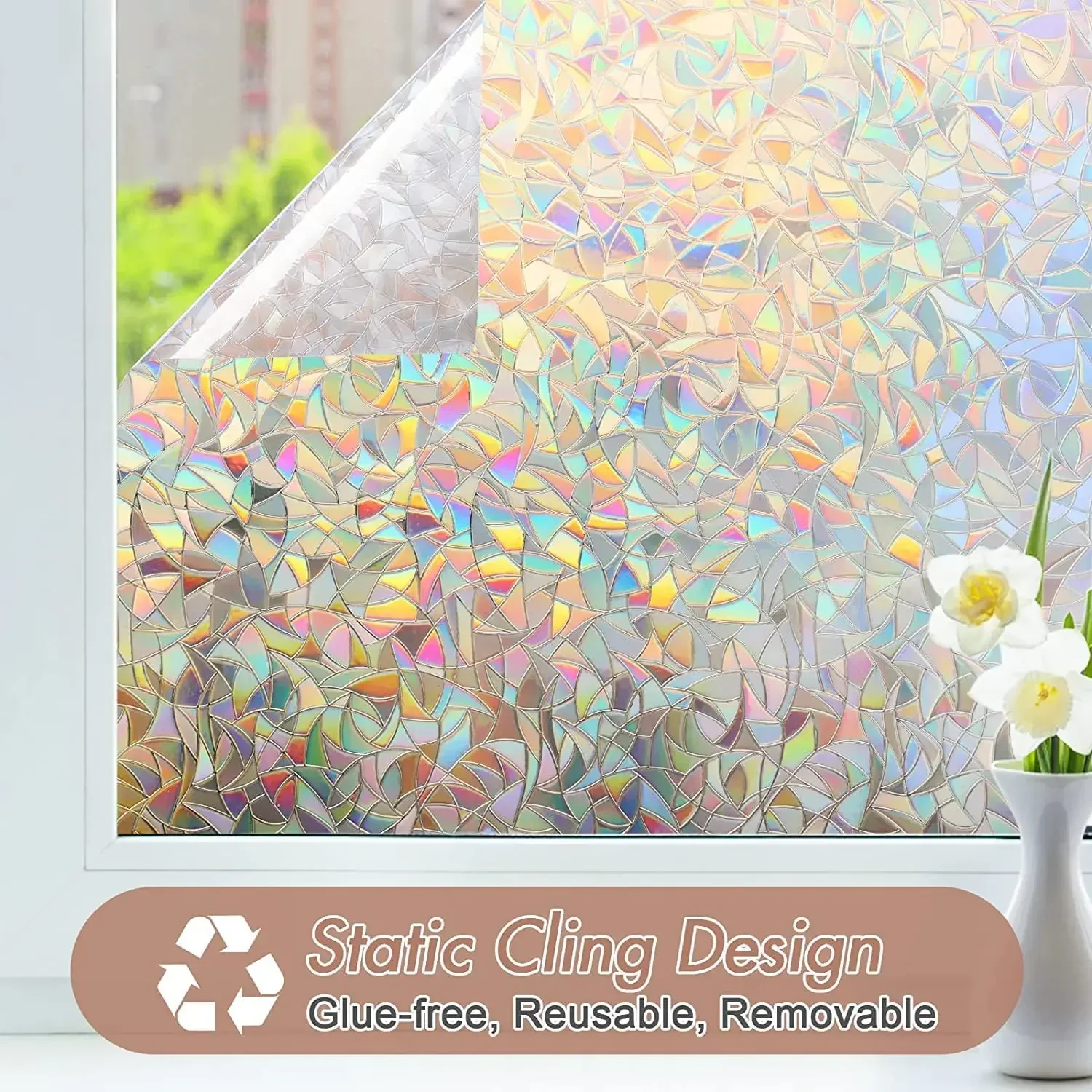 Window Film Rainbow Static Cling Stained Glass Window Covering Sticker Non-Adhesive Removable Reflective for Home