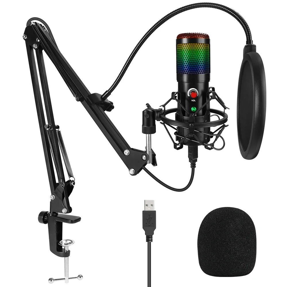 

RGB USB Condenser Microphone Professional 192Khz/24Bit Studio Microphone with Boom Arm Stand for YouTube Gaming Live Streaming