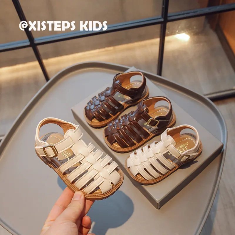 

Сандалии-гладиаторы для девочек-принцесс с вырезами, бежевые, коричневые детские кожаные туфли, Нескользящие пляжные сандалии для девочек-подростков