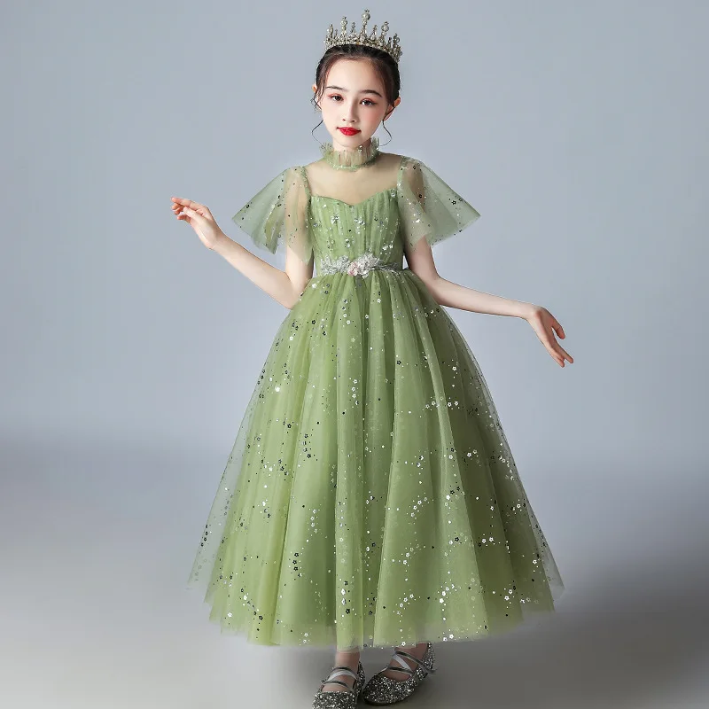 

Princess Girls Lace Tulle elegant Long Dresses Green Flower Girl Wedding Birthday Party Vestidos Children Christmas Clothing
