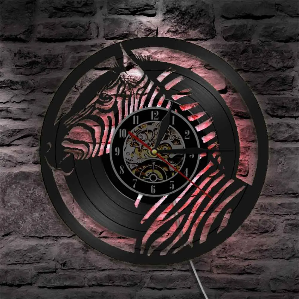 Safari Animals Zebra Vinyl Record Orologio Da Parete Pinto Horse Art African Wild Animal Silent Quartz Watch Nursery Home Room Decor