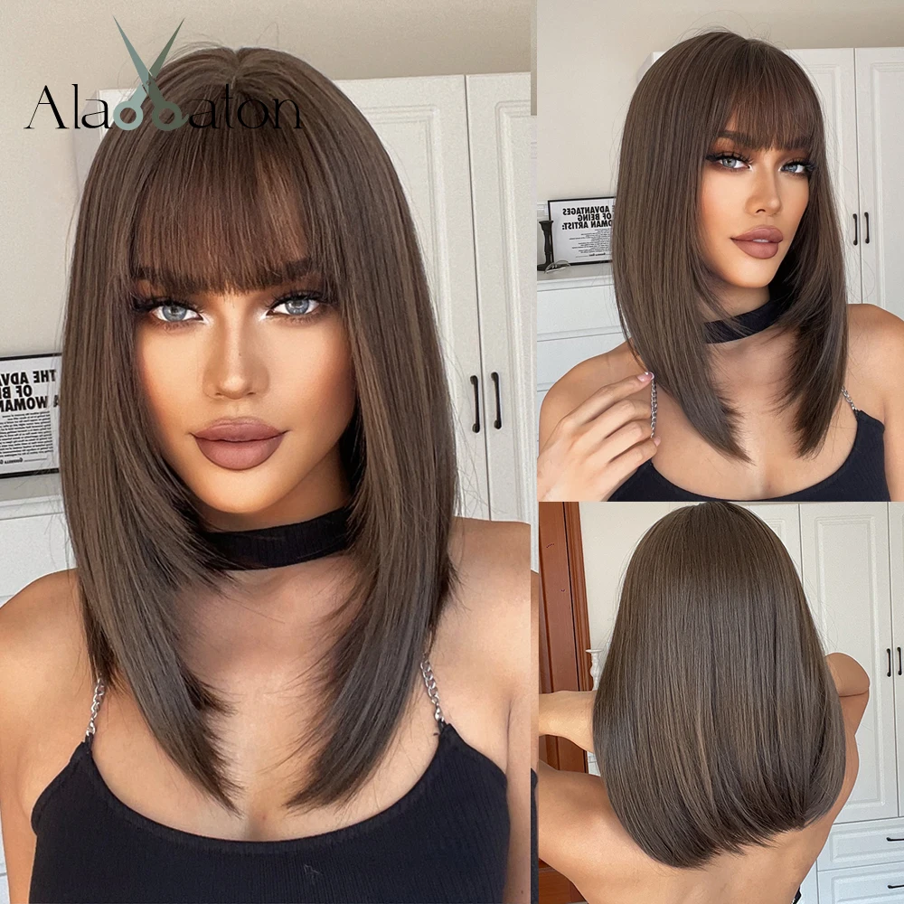 

ALAN EATON Straight Brown Synthetic Wigs with Bangs Layered Hairstyle Wigs for Women Medium Length Heat Resistant Cosplay Hair