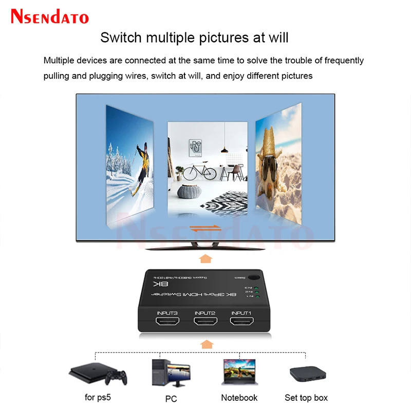 8K HDMI Switcher 3X1 3 In 1 out HDMI 2.1 Switch 8K@60Hz 4K@120Hz 3 In 1 out HDMI 2.1 Switcher Splitter for PS5 HDTV PC