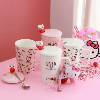 Sanrio-Taza de cerámica con dibujos animados de Hello Kitty, regalos creativos con tapa, cuchara, agua, té, café, desayuno, leche, para el hogar y la Oficina 1