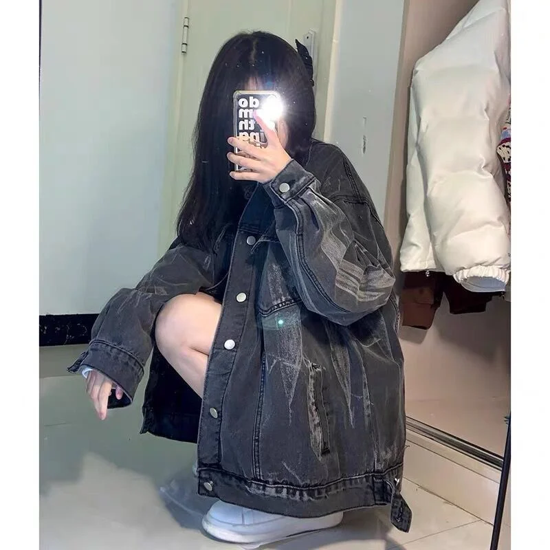 New Fashion Simple Spring Autumn 50% Cotton Fried Street Tie Dyed Denim Coat Women's Lazy Relaxed Design with Old Street Style