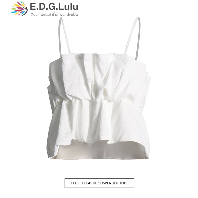 

EDGLuLu корейский модный женский дизайн с квадратным вырезом плиссированный Асимметричный топ на бретелях без рукавов с открытой спиной милый белый топ 0719