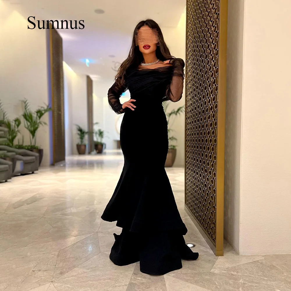 

Sumnus Black Mermaid Saudi Arabic Evening Party Dresses Off Shoulder Ruched Satin Long Sleeve Dubai Formal Dress Floor Length