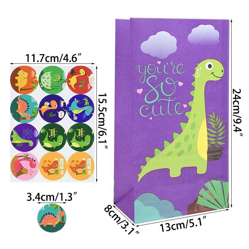 thumbnail image 1 of 12 bolsas de papel para regalo con diseño de dinosaurio de dibujos animados con pegatinas, bolsas para envolver dulces de cumpleaños con diseño de rugido de dinosaurio para niños, suministros para fie, 1 of 5